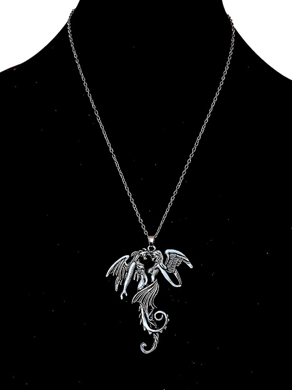 Silver Tone Winged Lovers Angel Fairy Pendant Necklace – Gothic Fantasy Jewelry